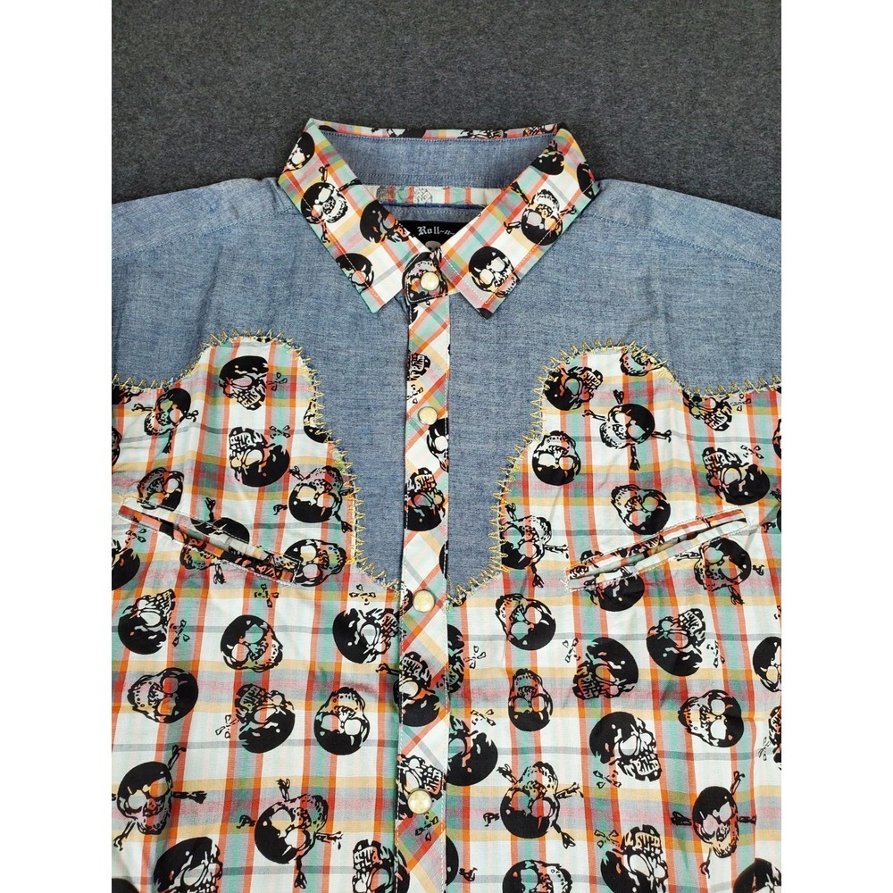 Rock Roll N Soul Shirt Mens 2XL Skull All Over Print Pearl Snap Shirt NEW